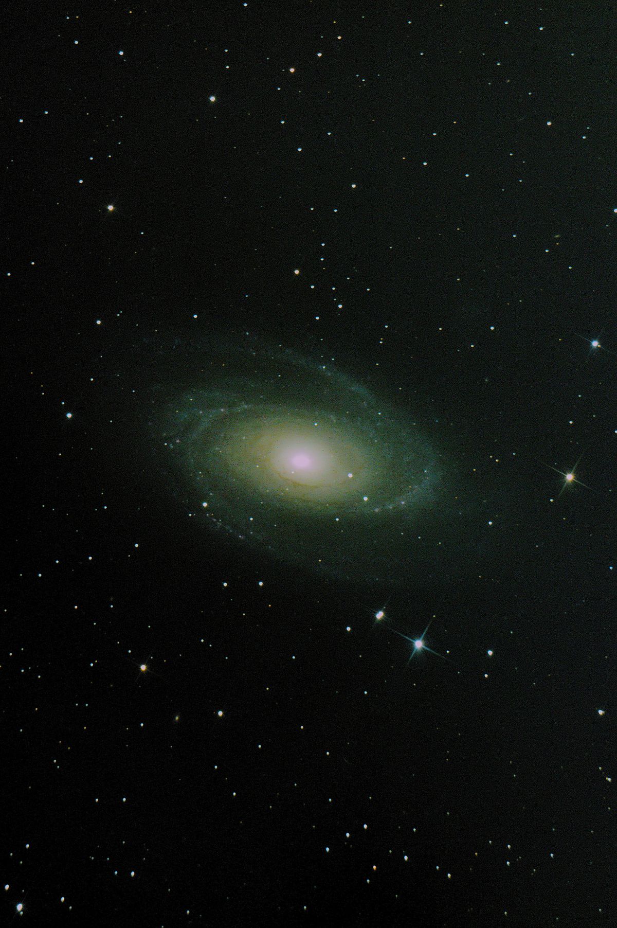 Bode's Galaxy (M81) in a wider field showing the spiral arms and surrounding starfield