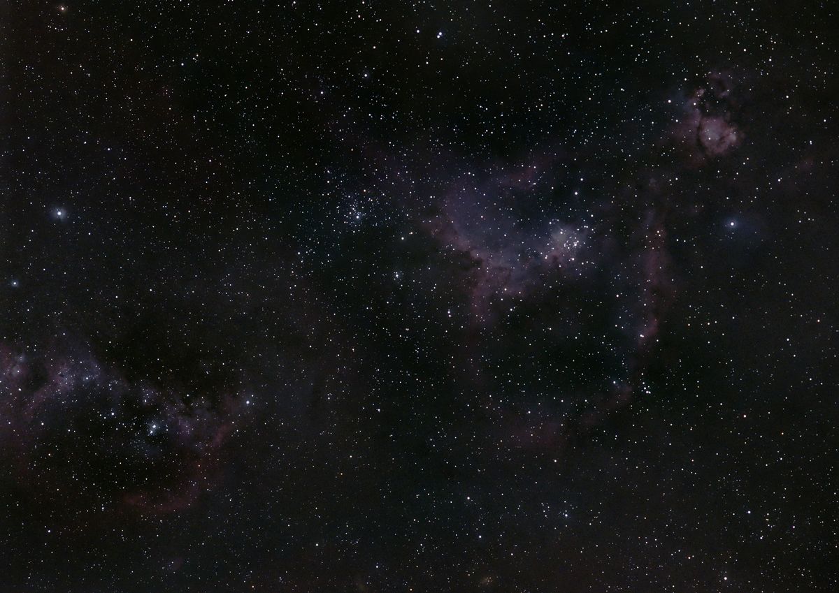 The Heart Nebula (IC 1805) in Cassiopeia — a faint wide-field broadband image with the young cluster Melotte 15 near the centre