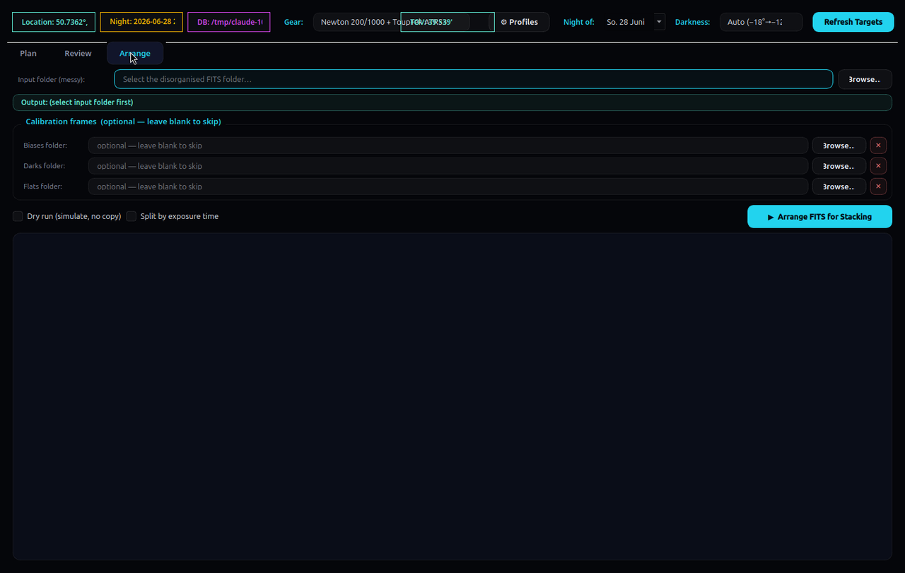 The Arrange tab with input folder, calibration folders and the Dry run / Split-by-exposure toggles