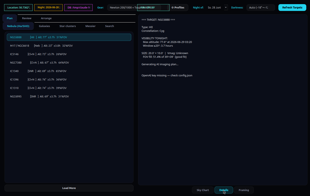 Details panel: type, constellation, max altitude, visible window, size and FOV fill