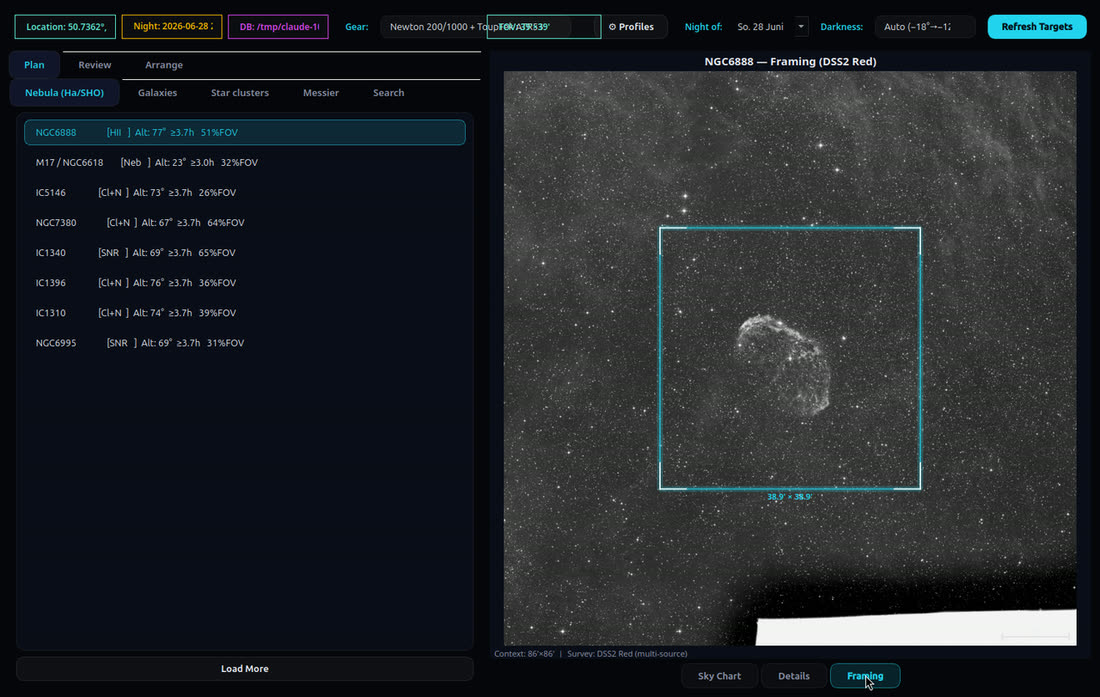 Framing view: a DSS sky-survey image with the sensor footprint drawn to scale