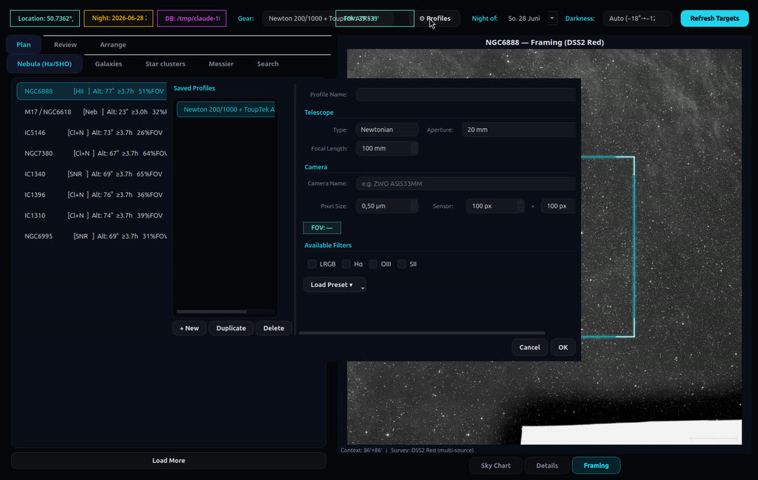 The Equipment Profiles dialog with telescope, camera and filter fields