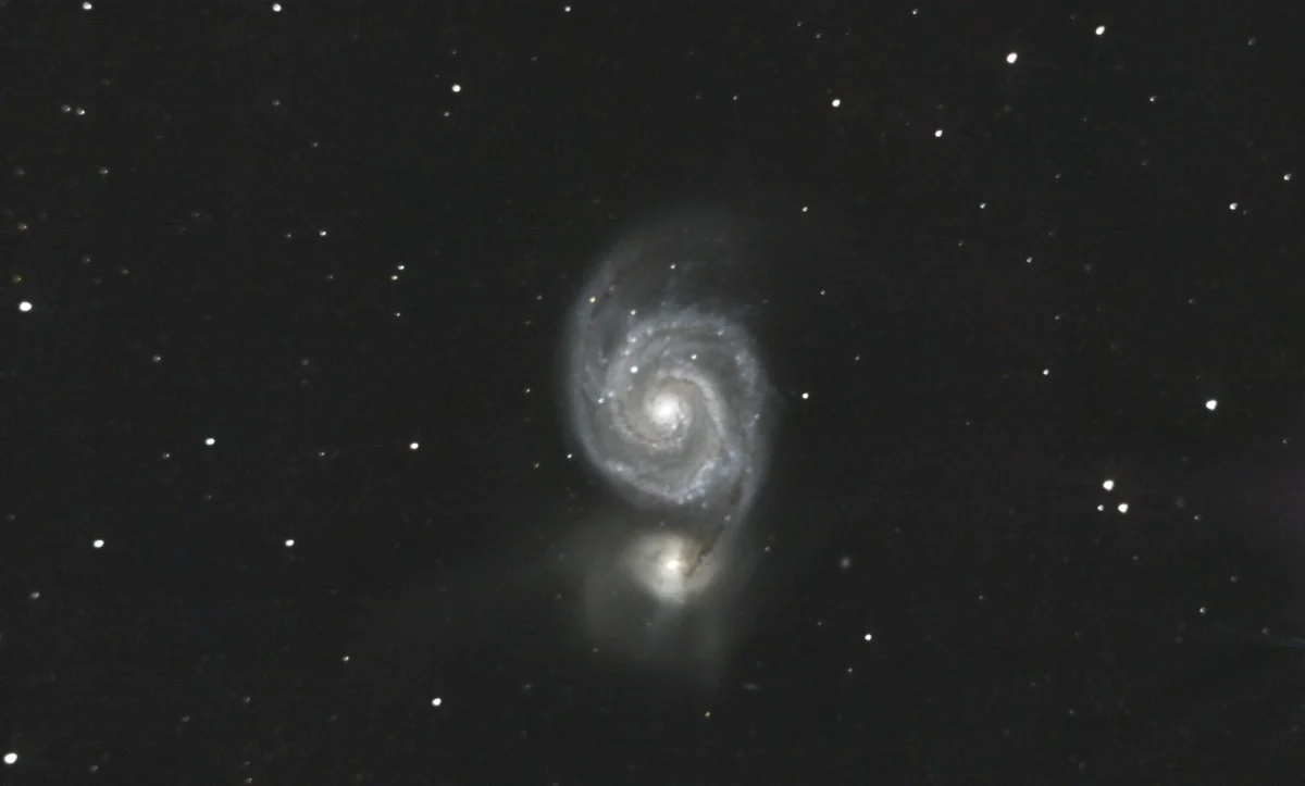 Messier 51 (Whirlpool Galaxy) and NGC 5195 in Canes Venatici — interacting spiral pair from Plau am See on 28 Dec 2025