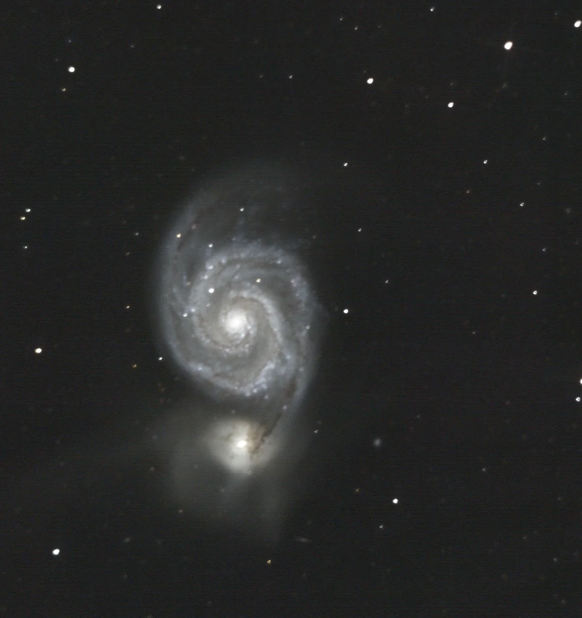 Messier 51 (Whirlpool Galaxy) and NGC 5195 in Canes Venatici — interacting spiral pair from Plau am See on 28 Dec 2025