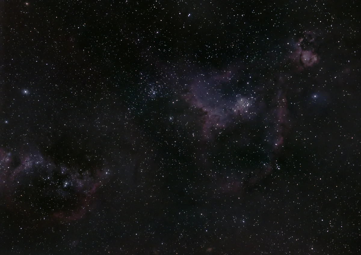 The Heart Nebula (IC 1805) in Cassiopeia — a faint wide-field broadband image with the young cluster Melotte 15 near the centre