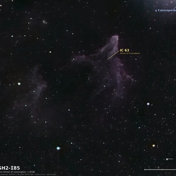 Annotated SH2-185 showing IC 63, γ Cassiopeiae, a 5-arcmin scale bar and north arrow.