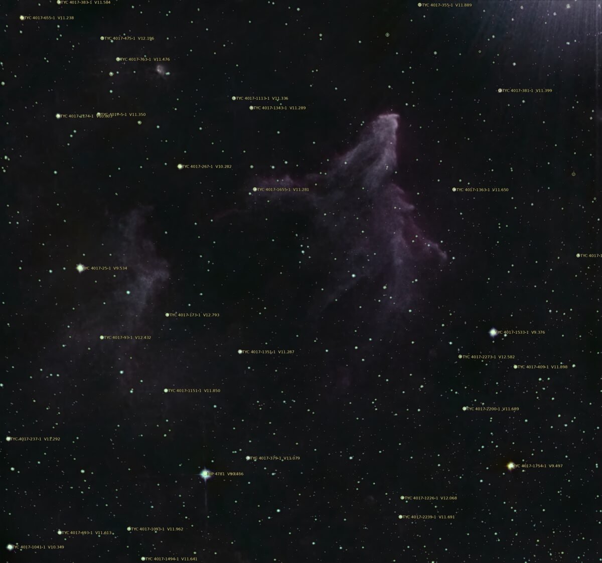 SH2-185 field star chart with Gaia DR3 stars to G=15 marked and Tycho-2/HIP stars labelled.